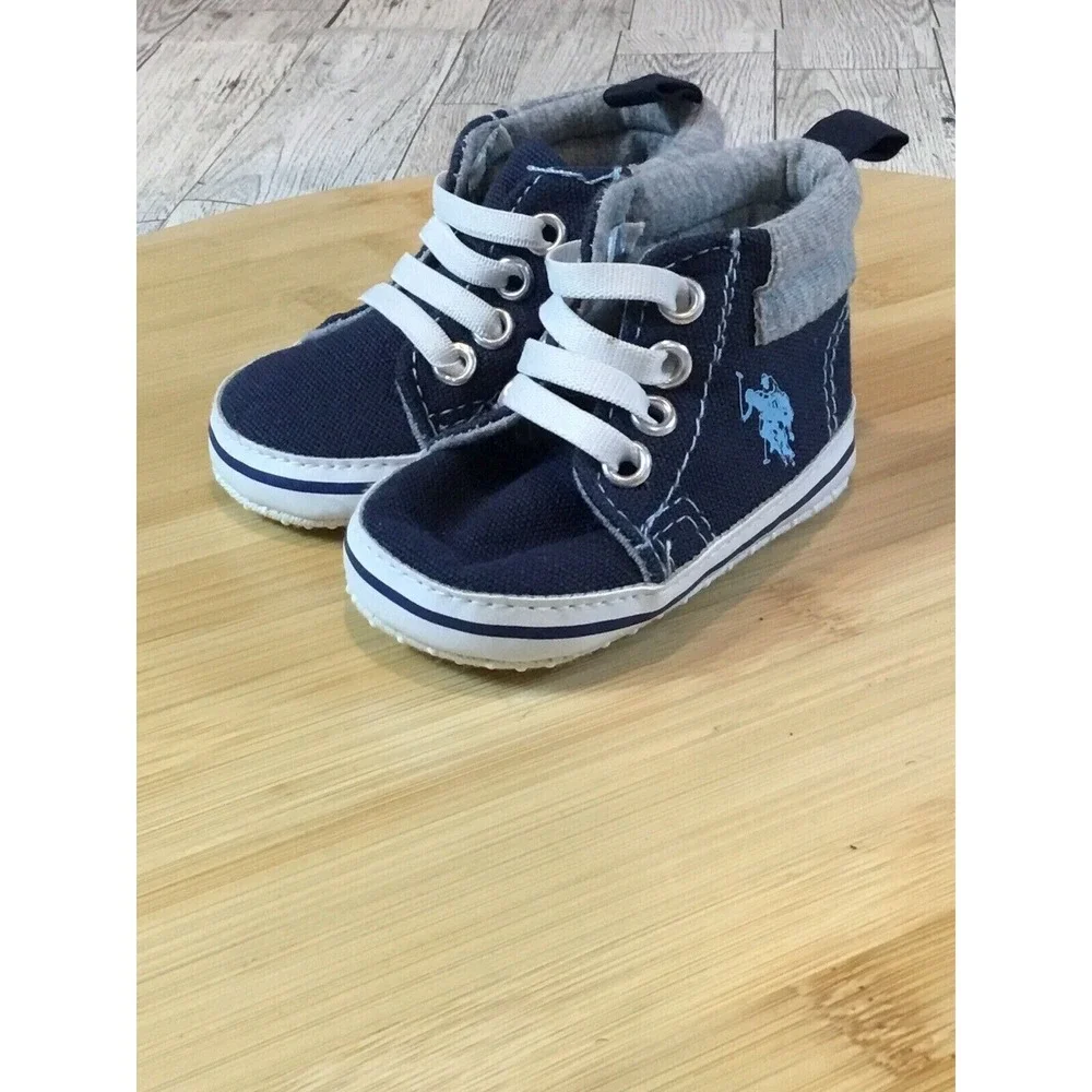 US Polo Assn Baby Sneakers High Top‎ Crib Shoes Navy Blue White Laces